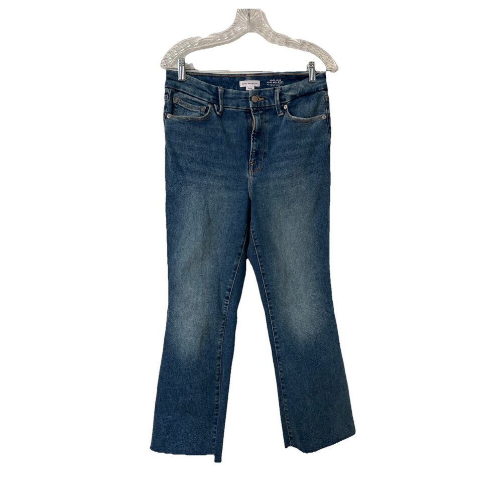 Good American Good Legs Crop Mini Boot Blue Jean GLCMBAF739 Size 26.5 Raw Hem